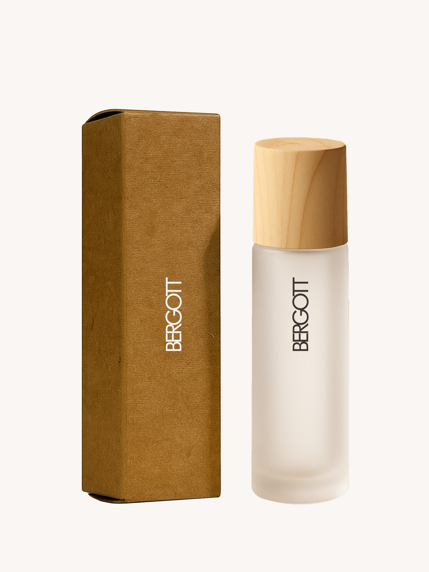 A wooden cap frosted glass bottle with 10ml of oil alongside its brown cardboard box with branding
